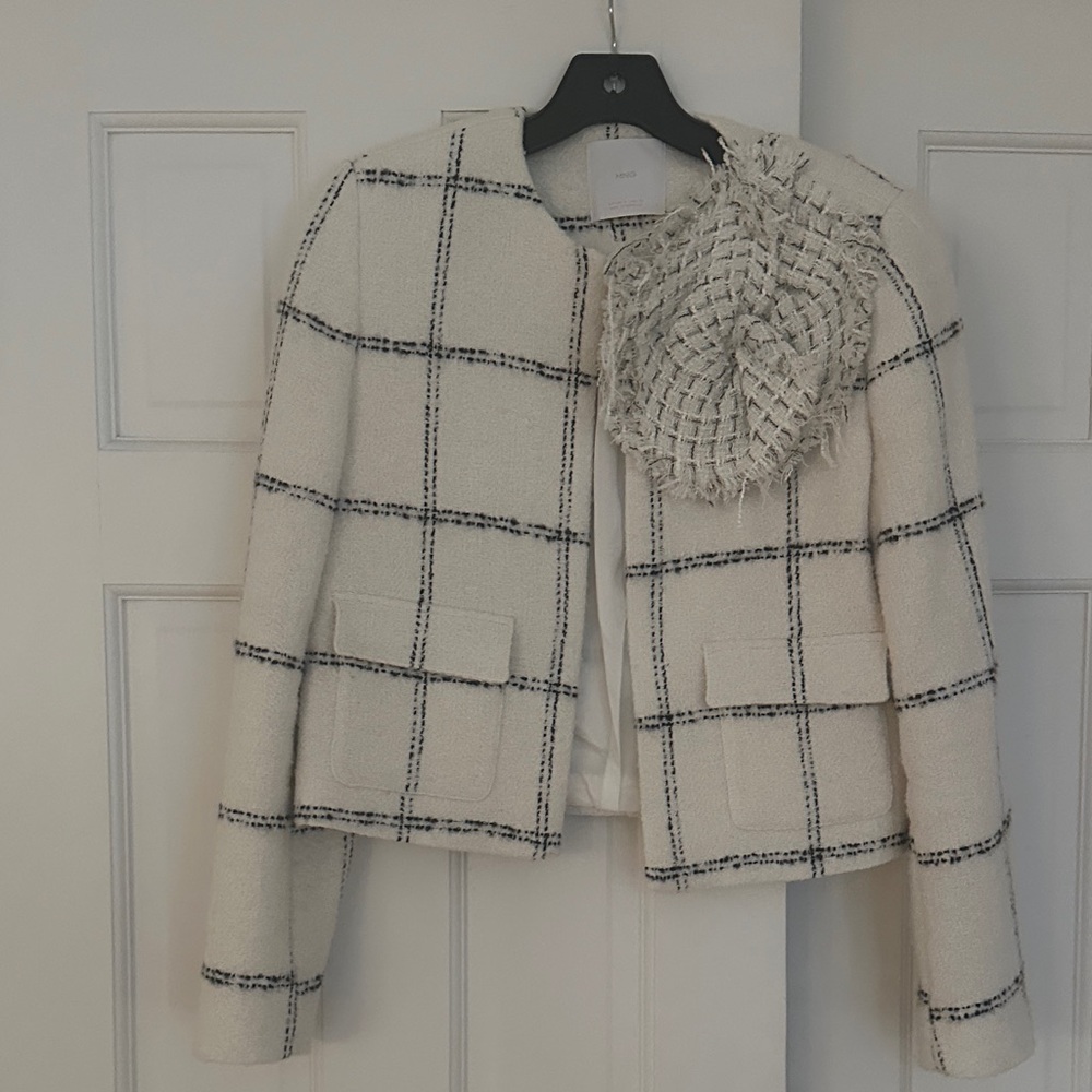 Mango Cream and Black Maxi Floral Tweed Blazer